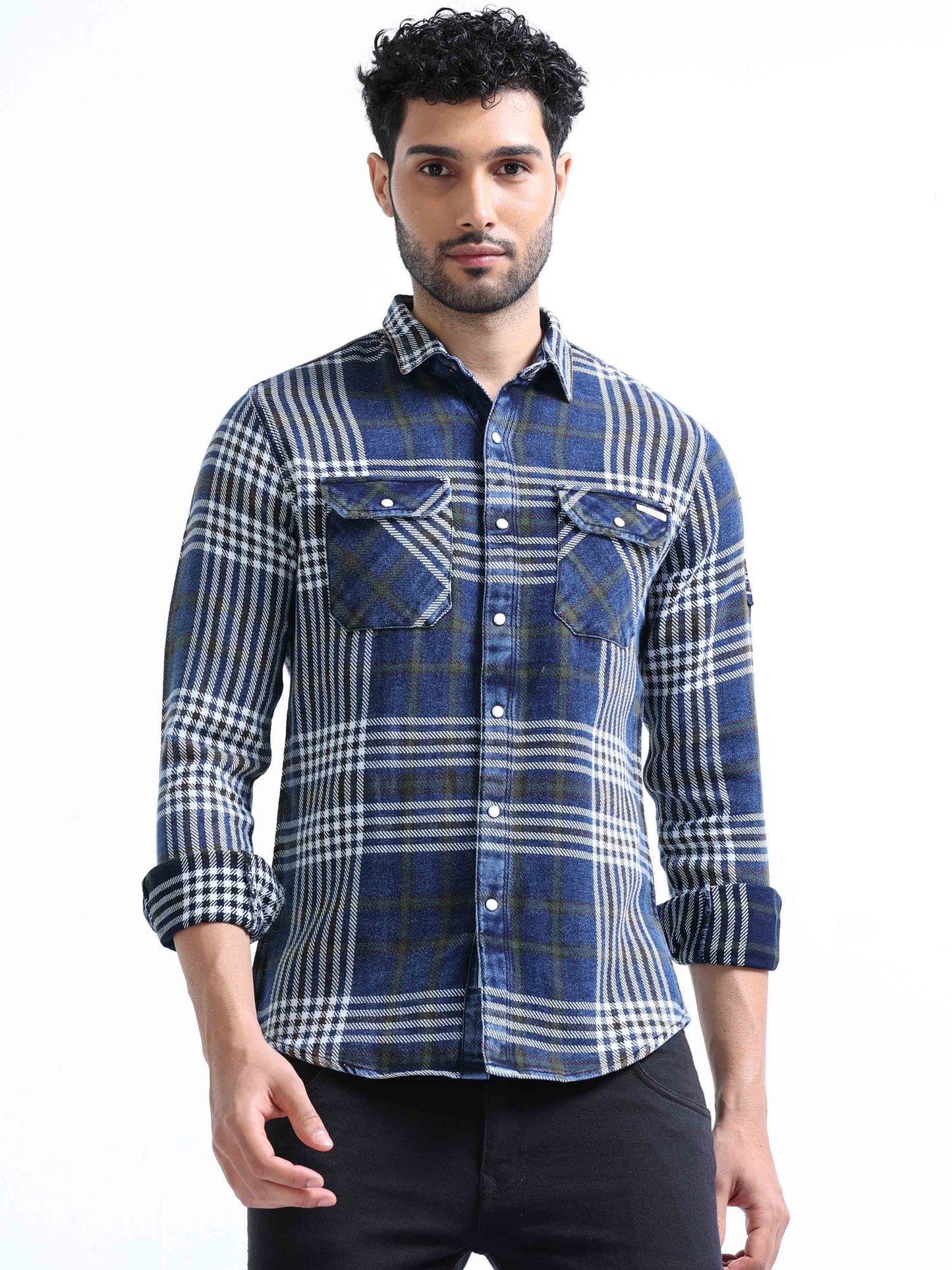 Indigo Checked Denim Double pocket Shirt For Men 