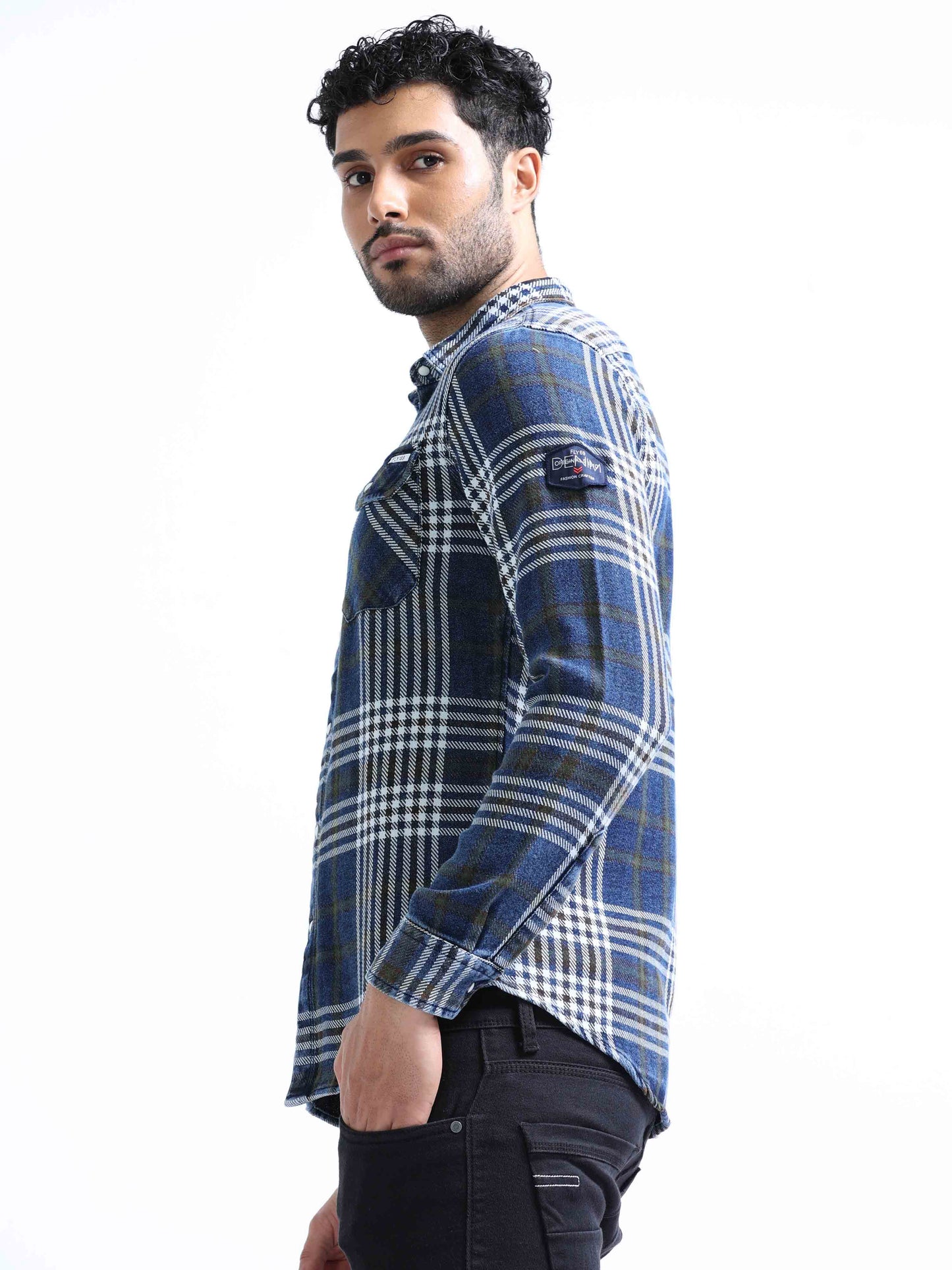 Indigo Checked Denim Double pocket Shirt For Men 