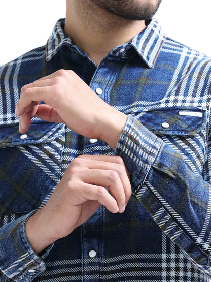 Indigo Checked Denim Double pocket Shirt For Men 