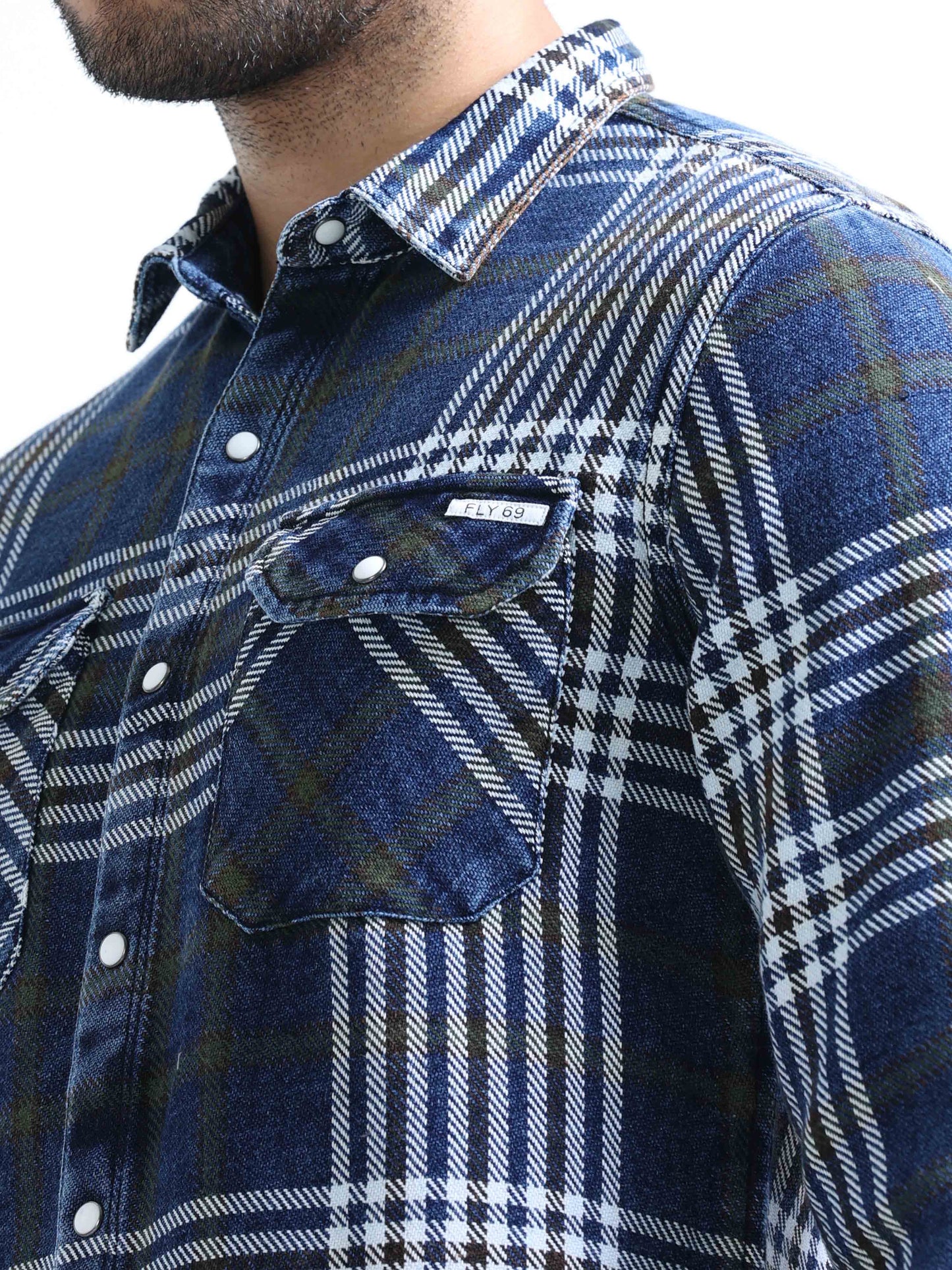 Indigo Checked Denim Double pocket Shirt For Men 