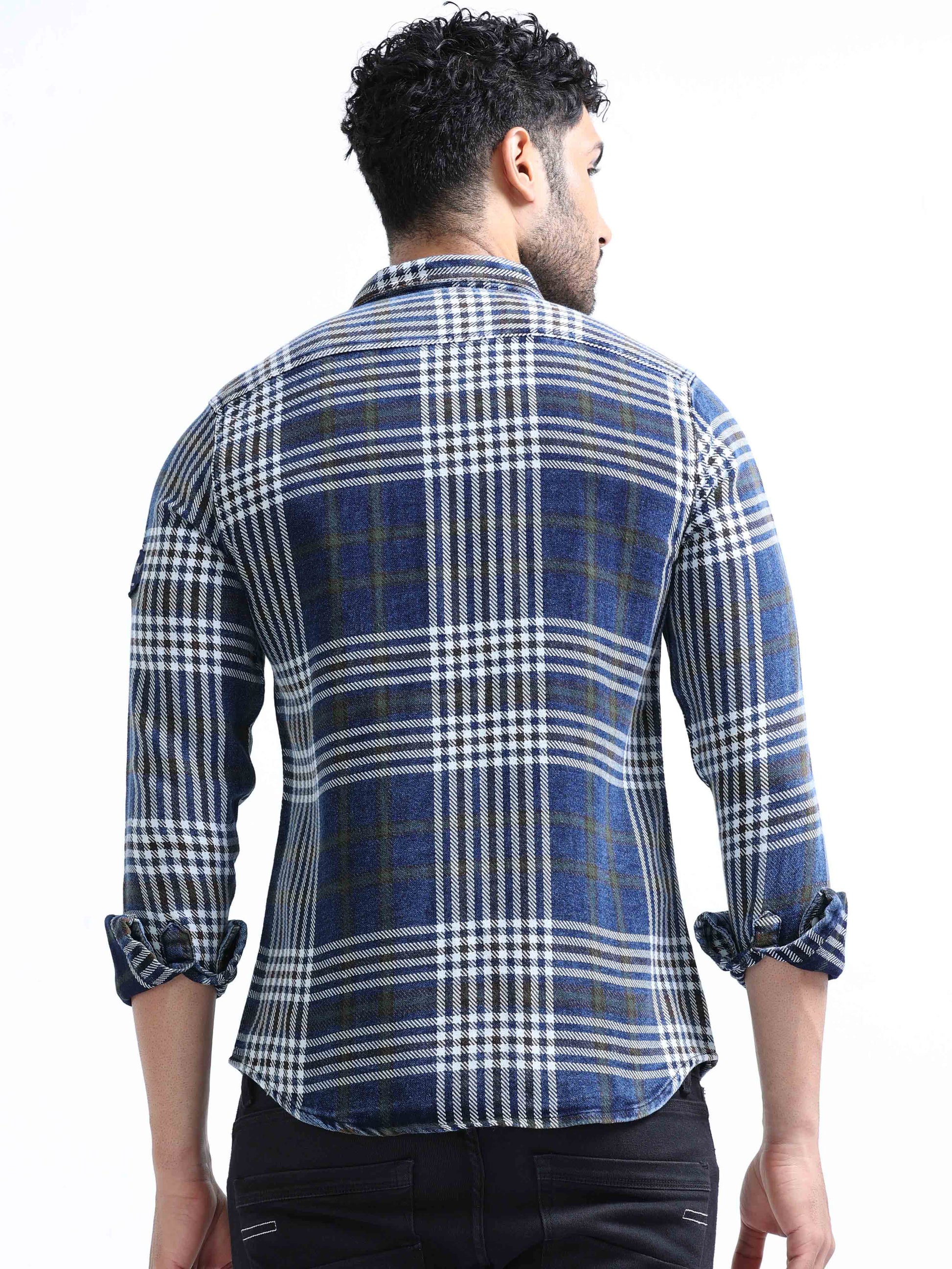 Indigo Checked Denim Double pocket Shirt For Men 