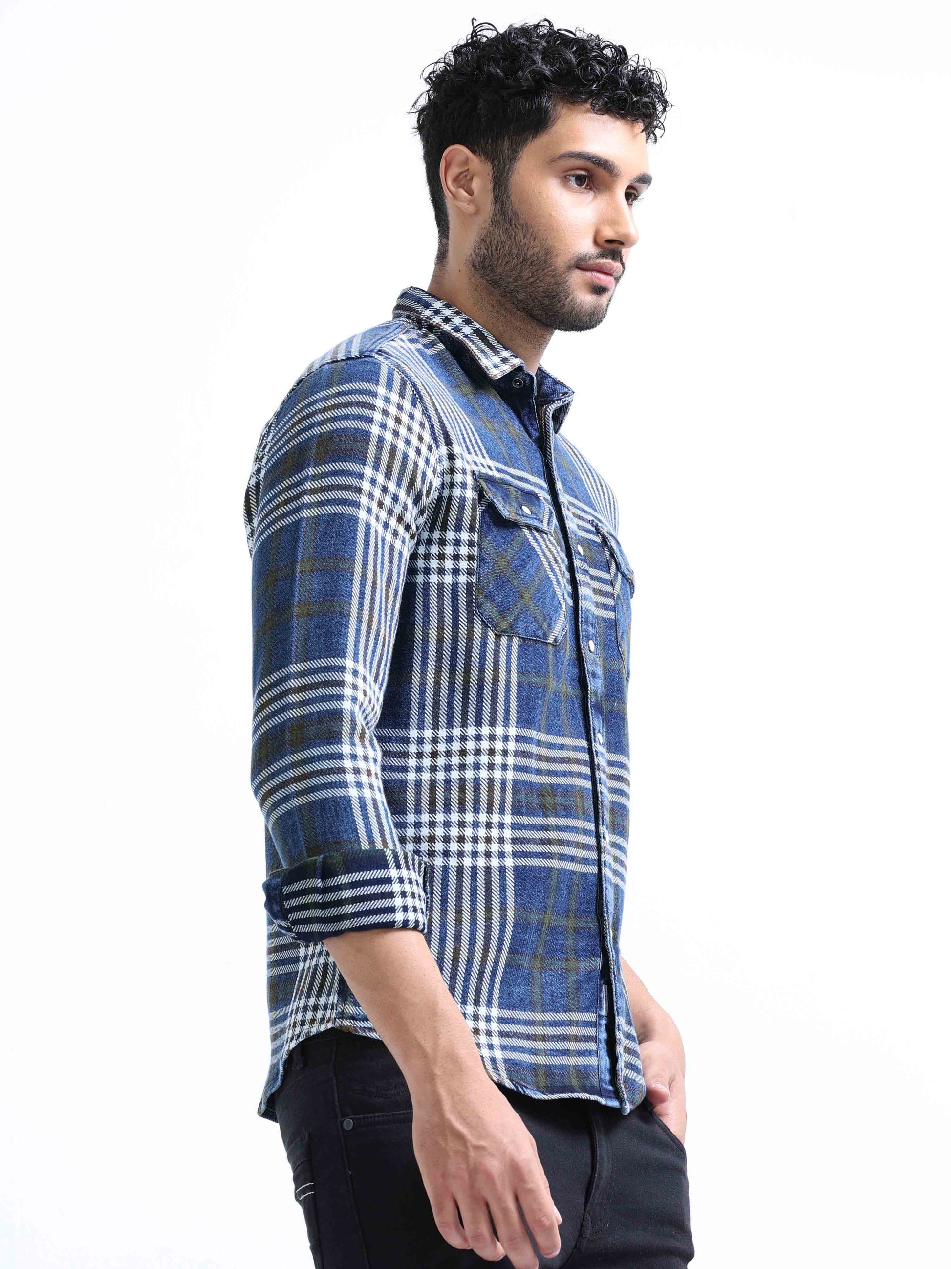 Indigo Checked Denim Double pocket Shirt For Men 