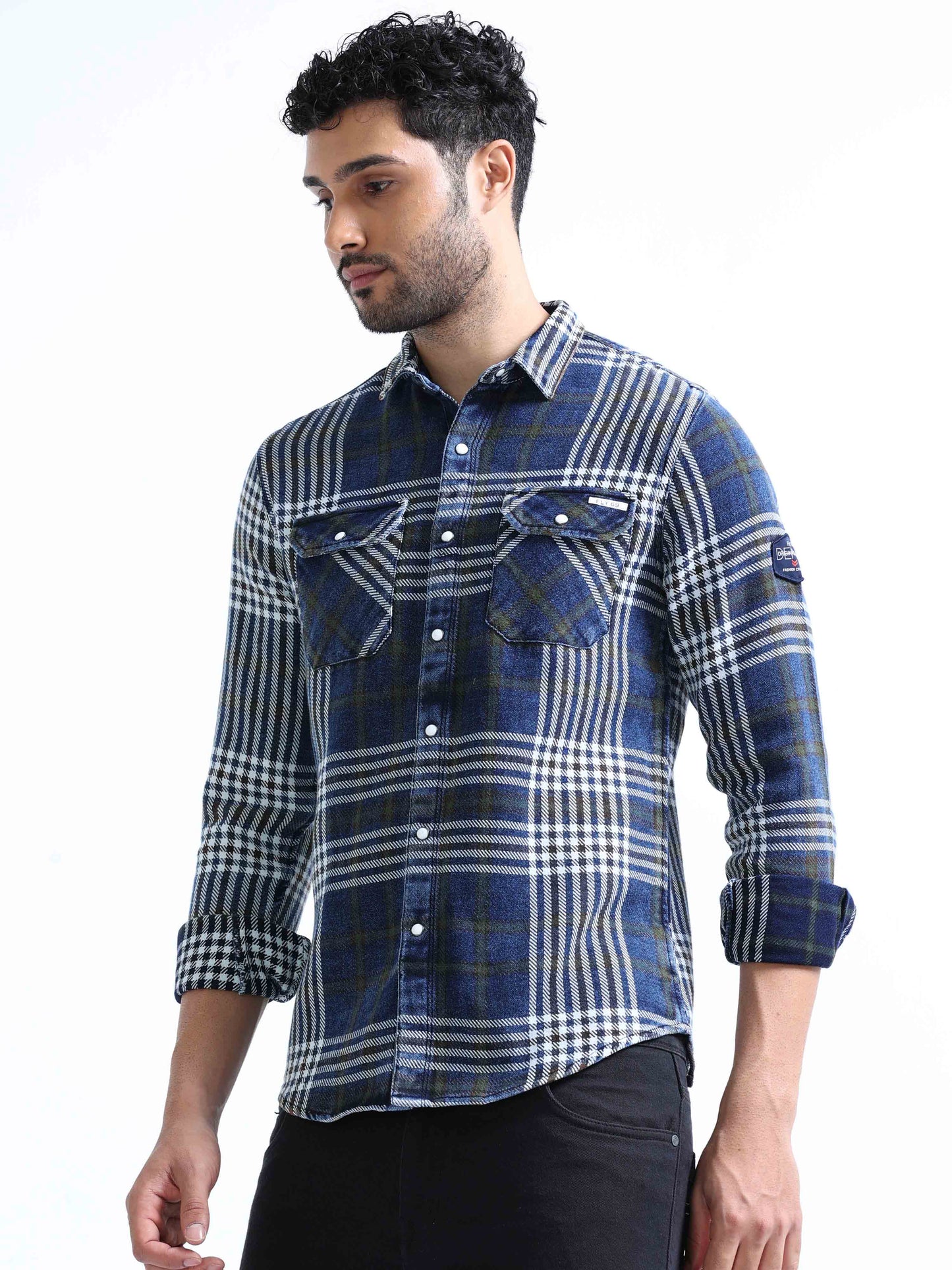 Indigo Checked Denim Double pocket Shirt For Men 