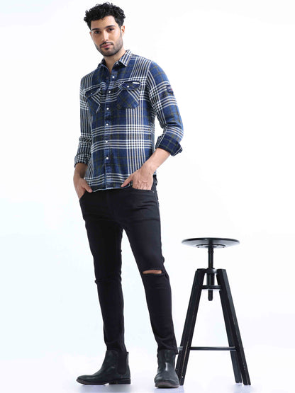 Indigo Checked Denim Double pocket Shirt For Men 