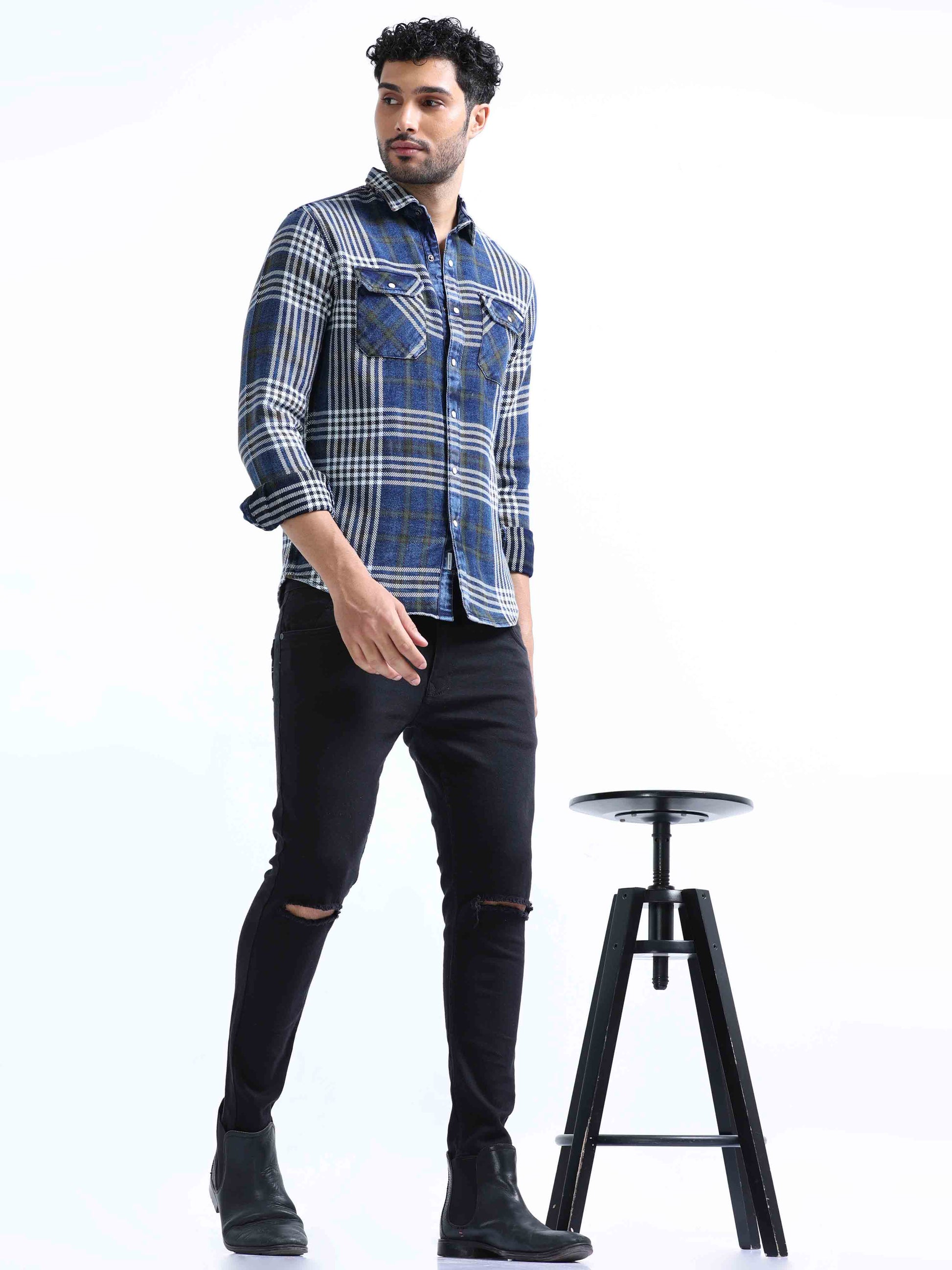 Indigo Checked Denim Double pocket Shirt For Men 