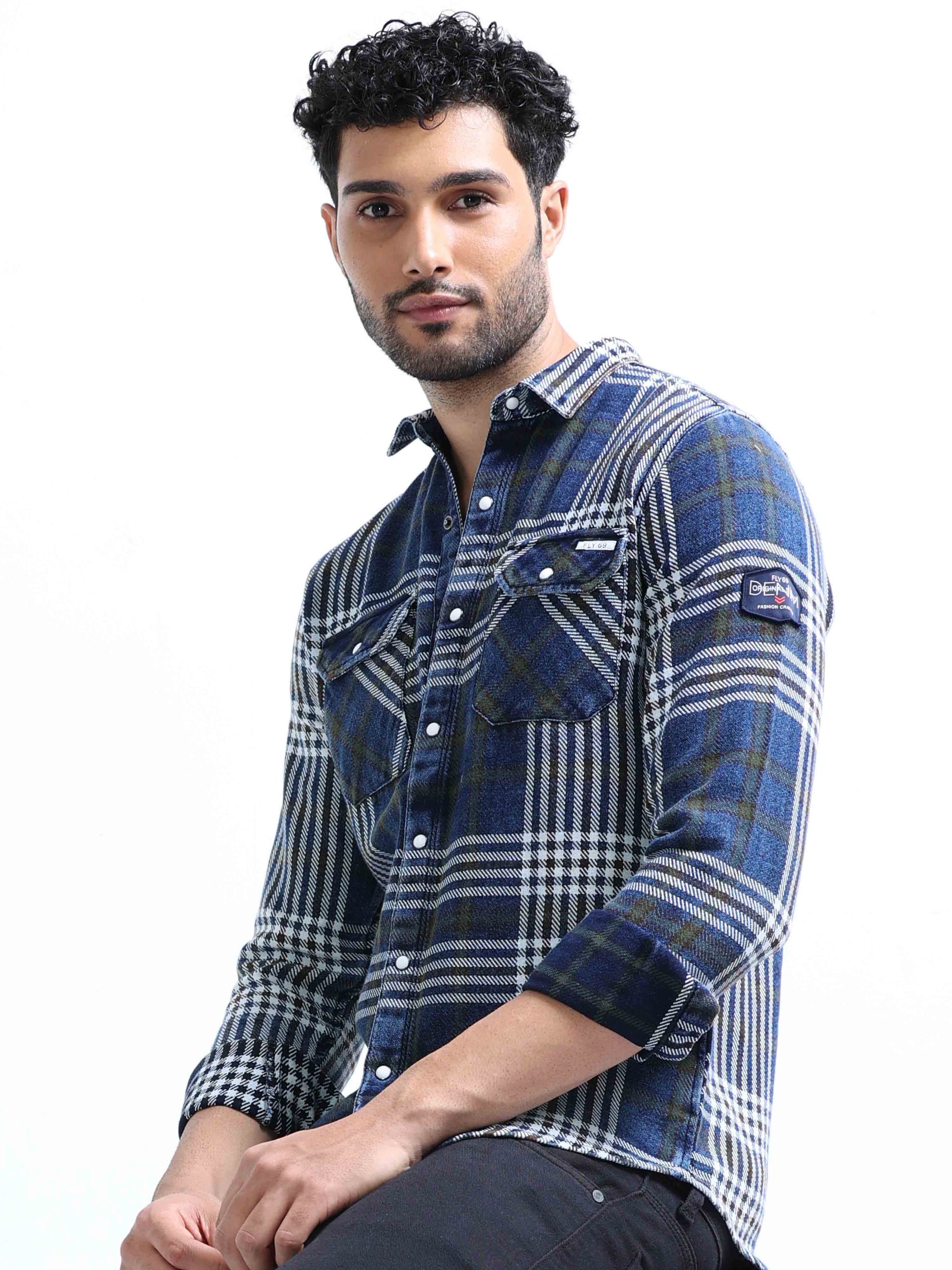 Indigo Checked Denim Double pocket Shirt For Men 