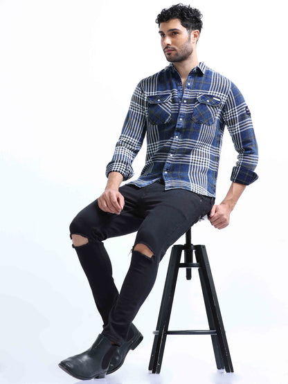 Indigo Checked Denim Double pocket Shirt For Men 