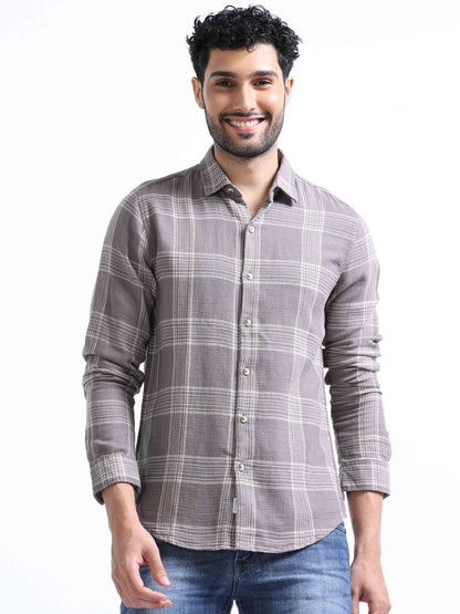 Dark Broown Dobby Full Sleeves Shirts For Men 