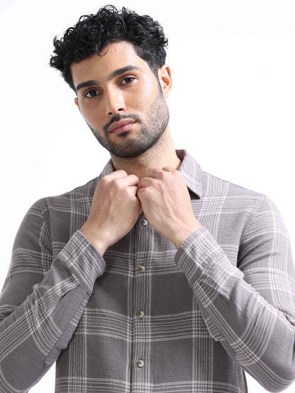 Dark Broown Dobby Full Sleeves Shirts For Men 