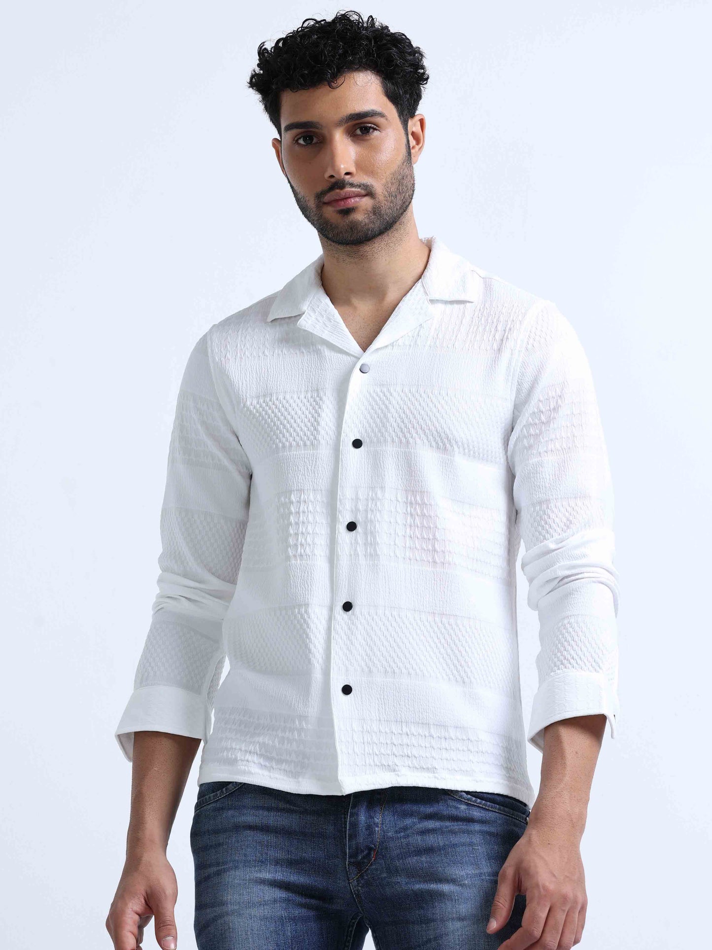 White Knitted Lycra full Sleeve Shirt
