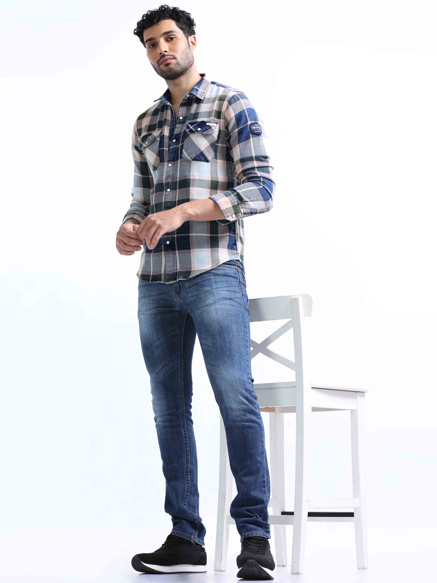 Blue and Green Checked Denim Shirt