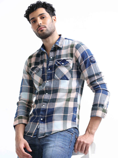 Blue and Green Checked Denim Shirt