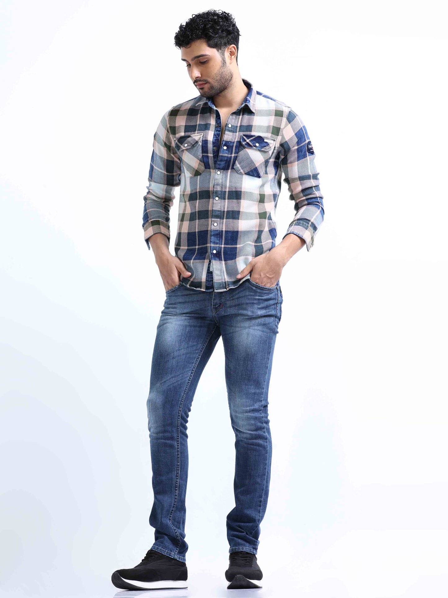 Blue and Green Checked Denim Shirt