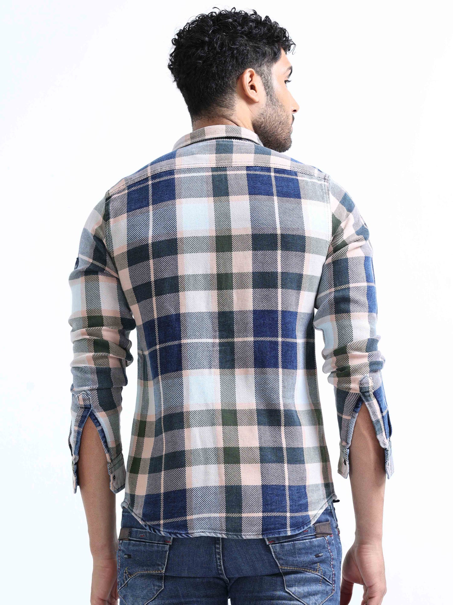 Blue and Green Checked Denim Shirt