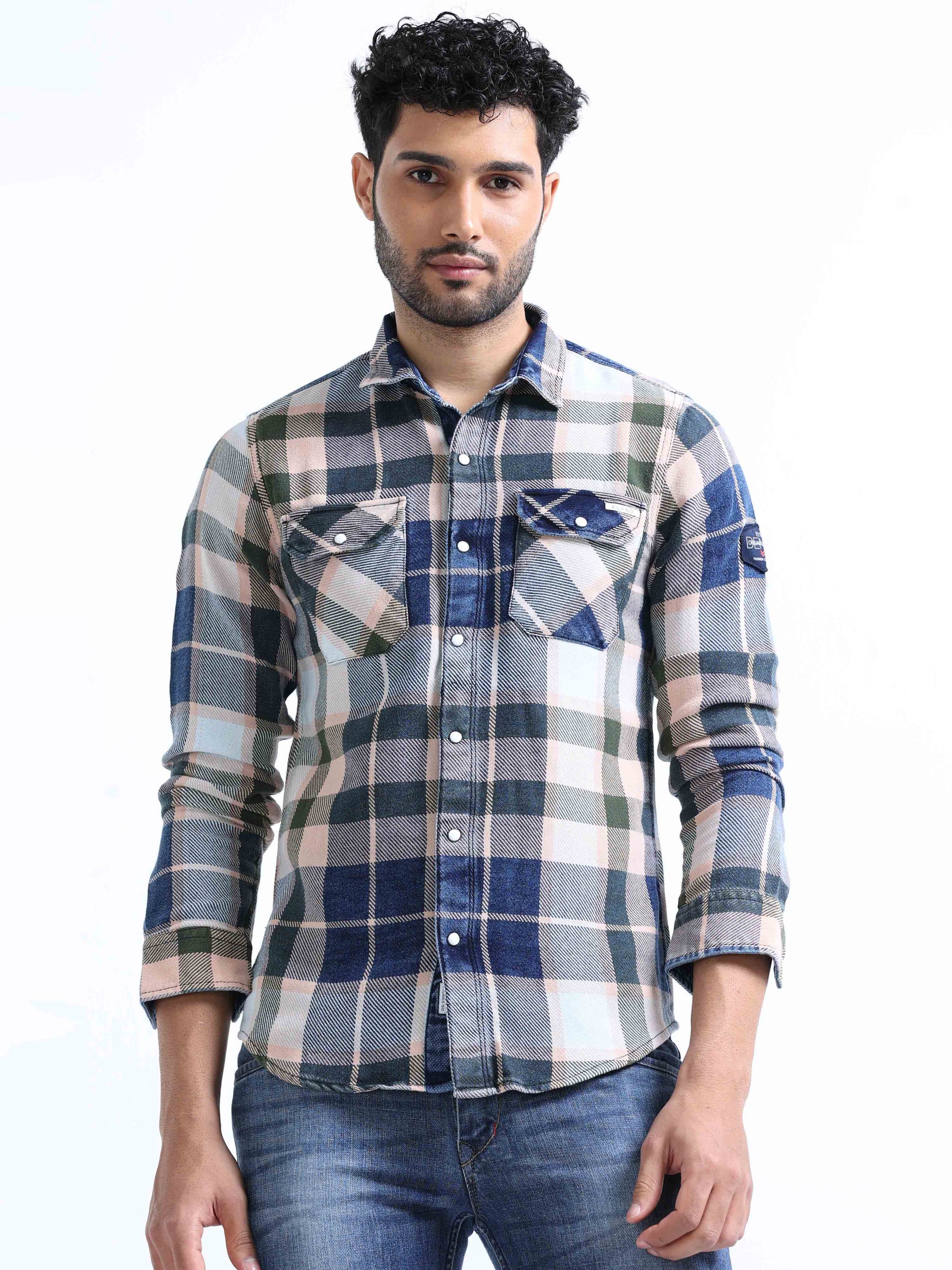 Blue and Green Checked Denim Shirt