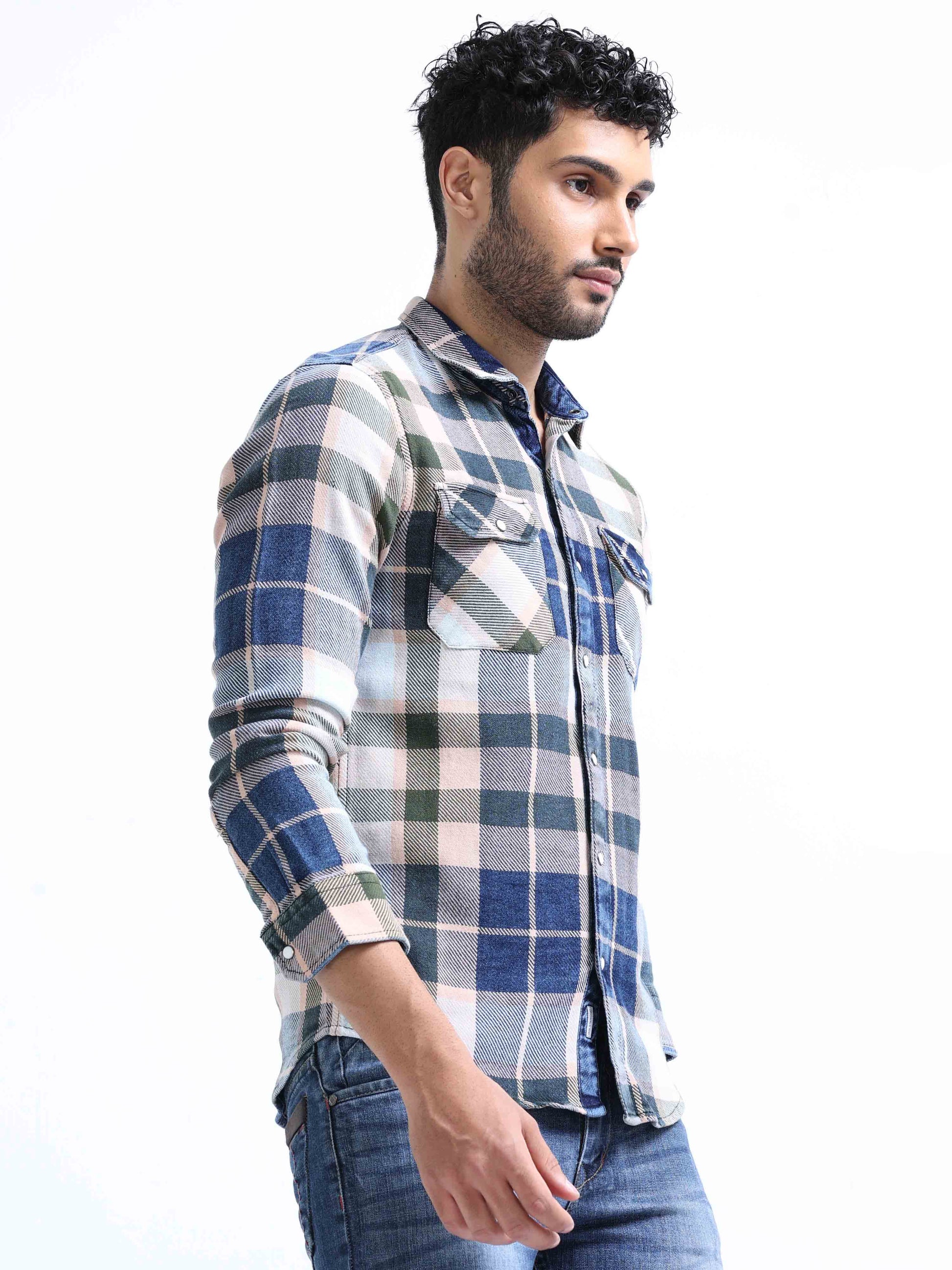 Blue and Green Checked Denim Shirt