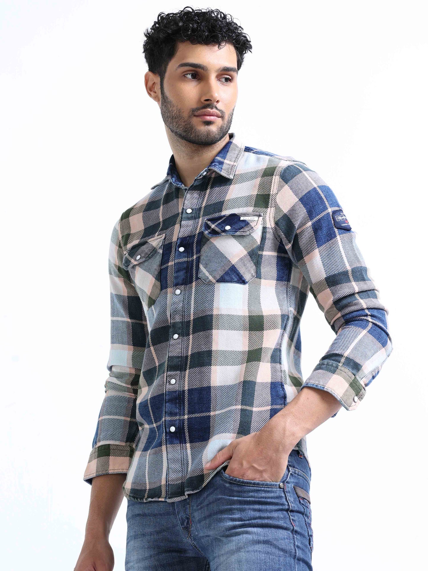 Blue and Green Checked Denim Shirt