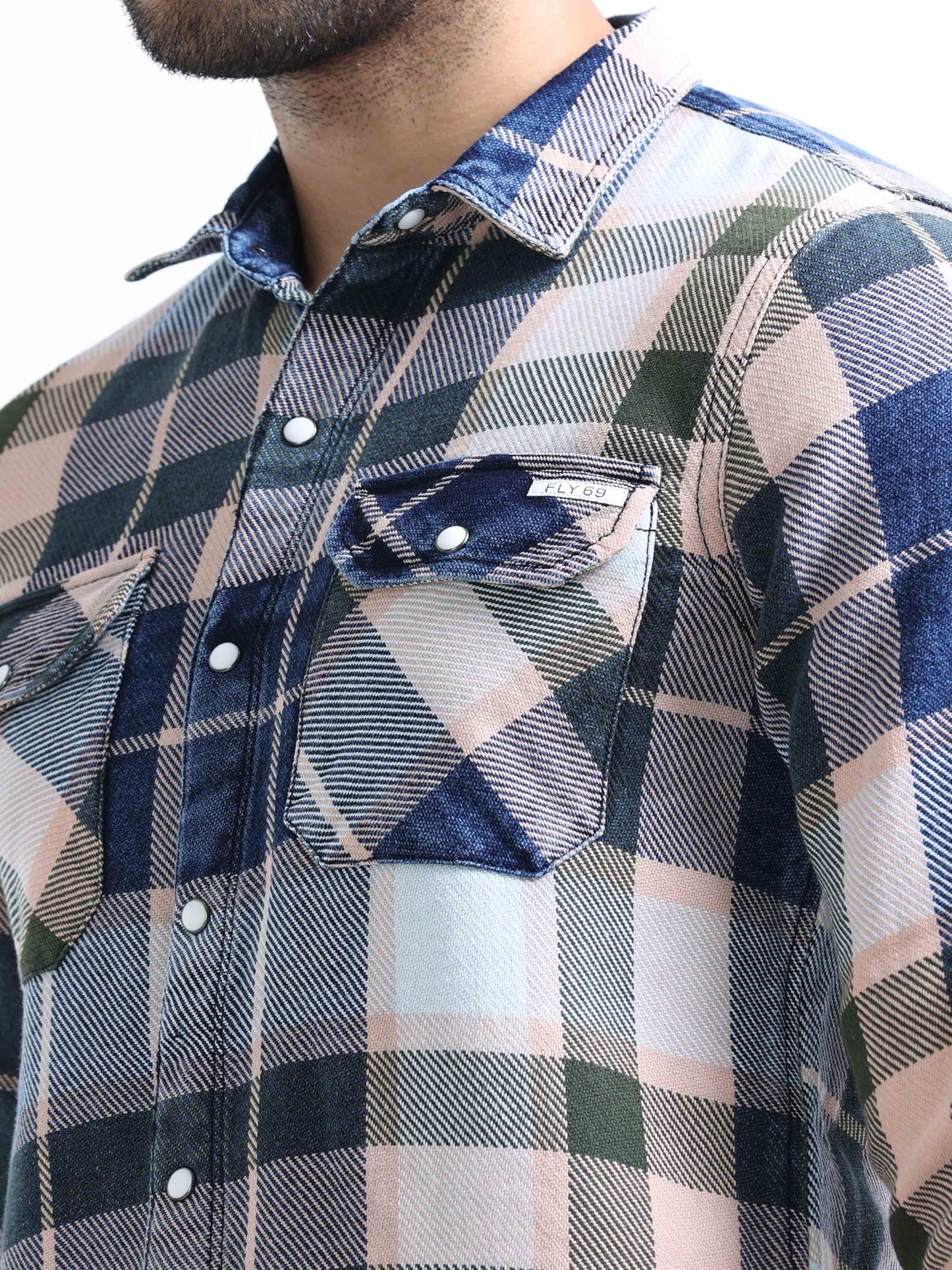 Blue and Green Checked Denim Shirt