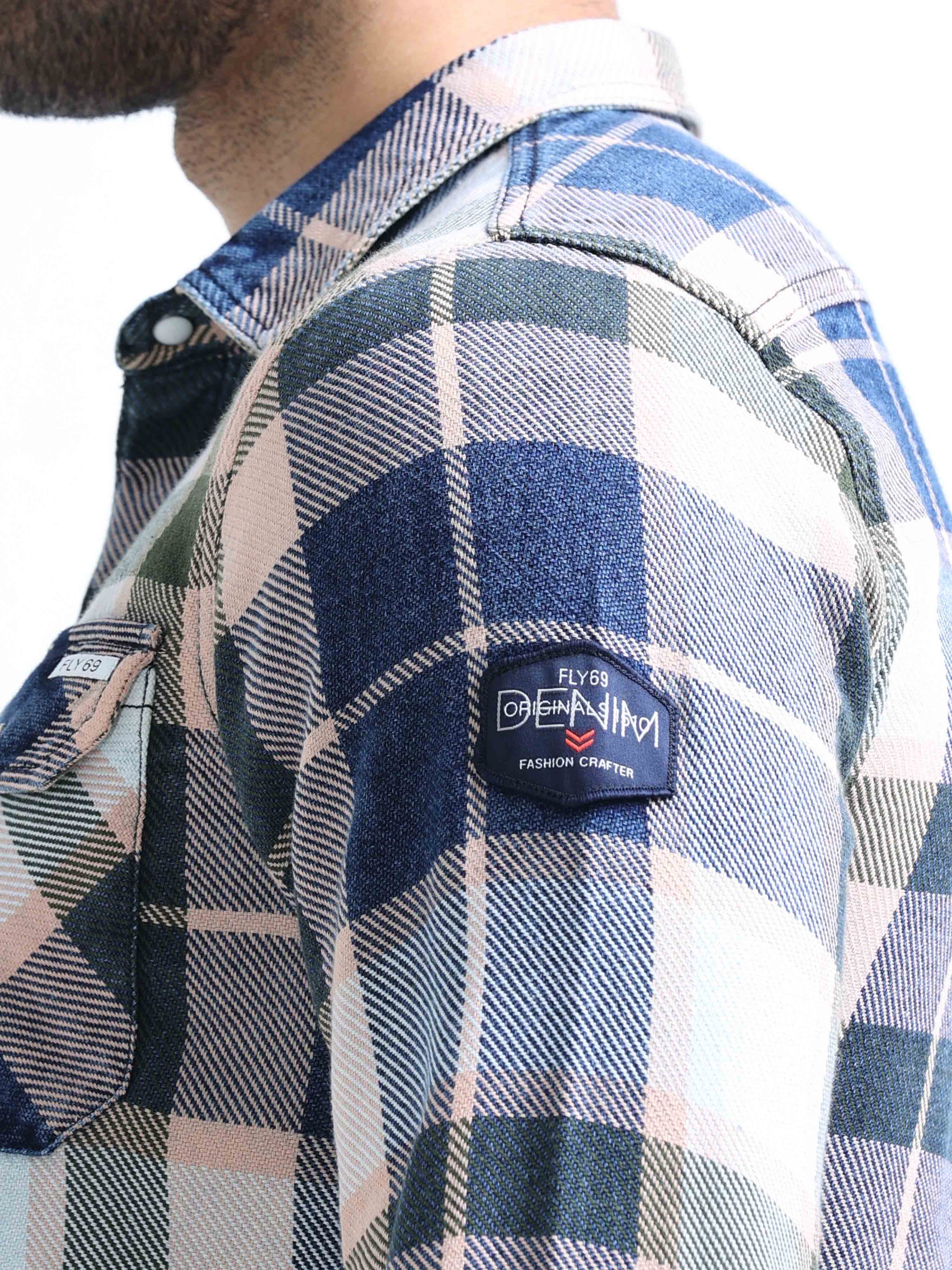 Blue and Green Checked Denim Shirt