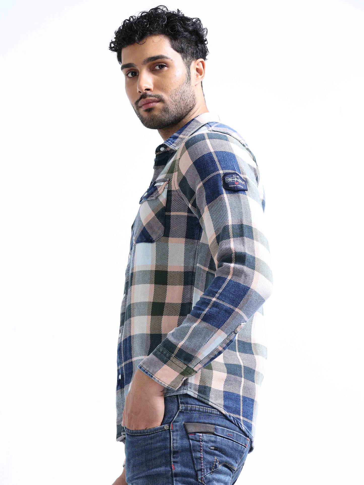 Blue and Green Checked Denim Shirt