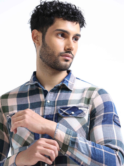 Blue and Green Checked Denim Shirt