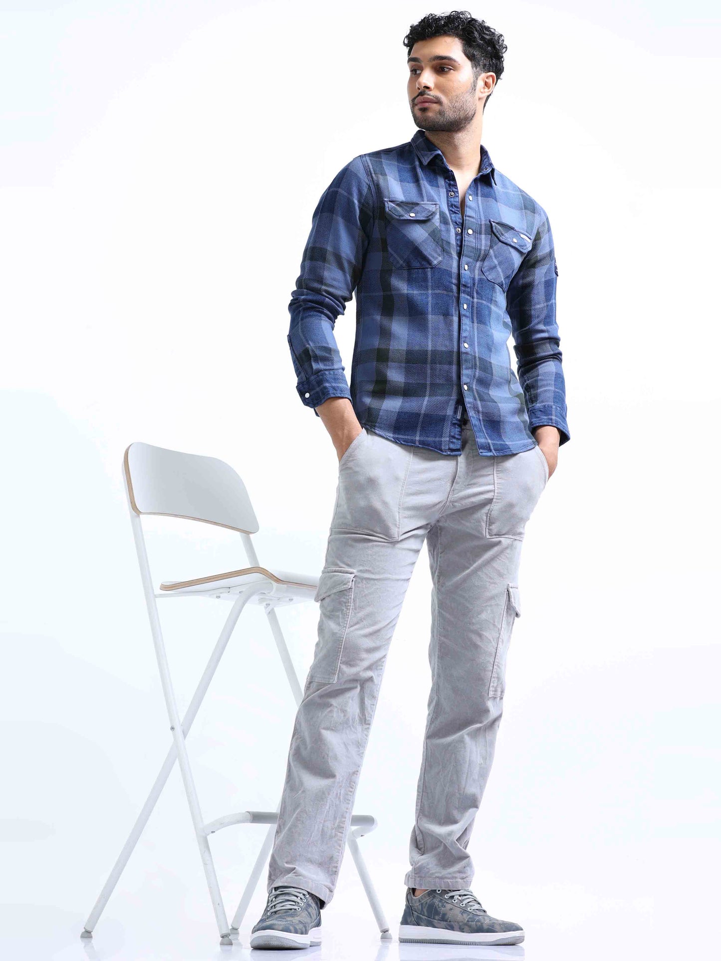 Marine Blue Denim Double Pocket Shirt For Men 