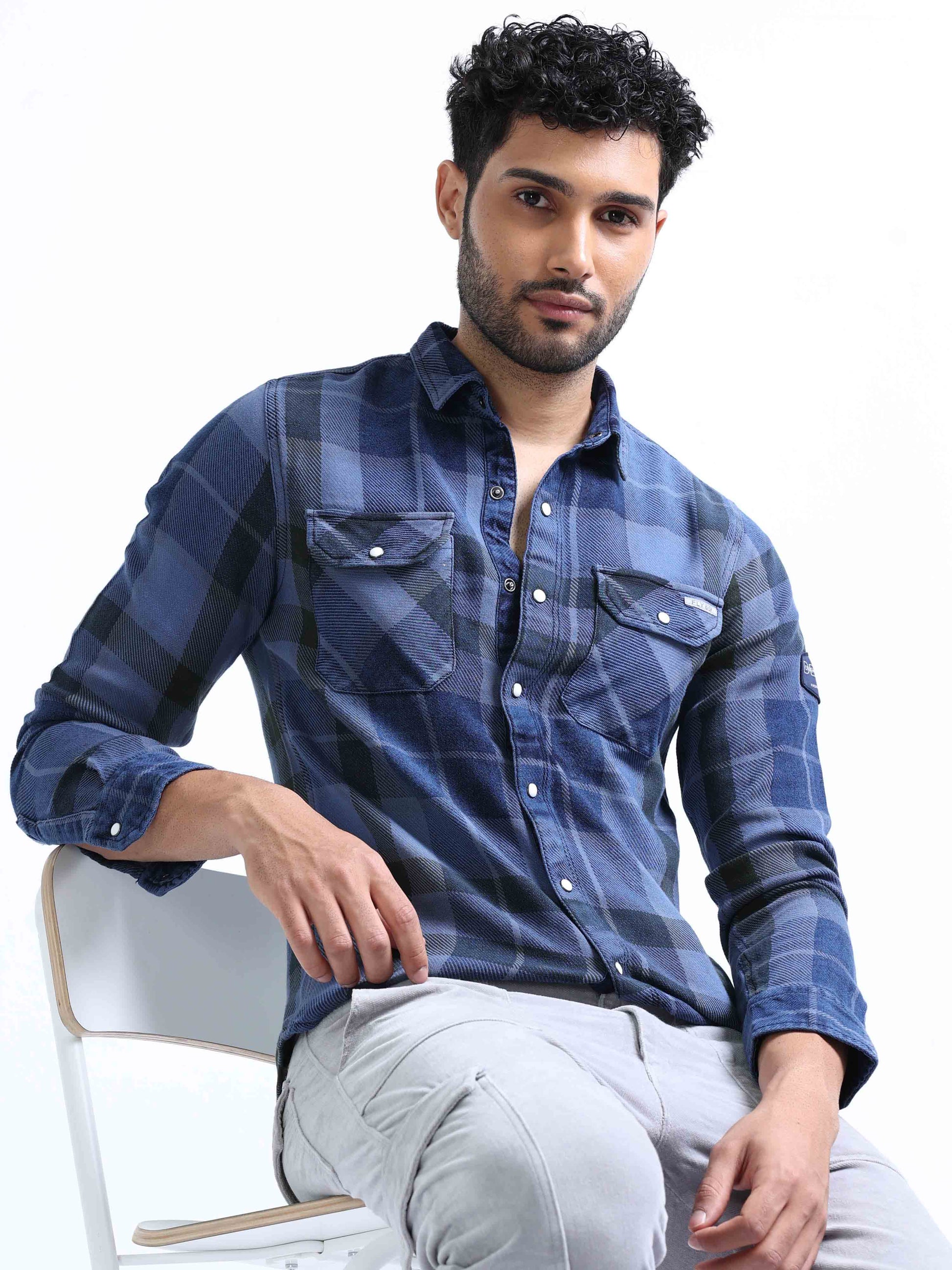 Marine Blue Denim Double Pocket Shirt For Men 