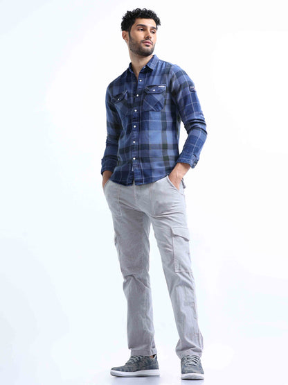 Marine Blue Denim Double Pocket Shirt For Men 