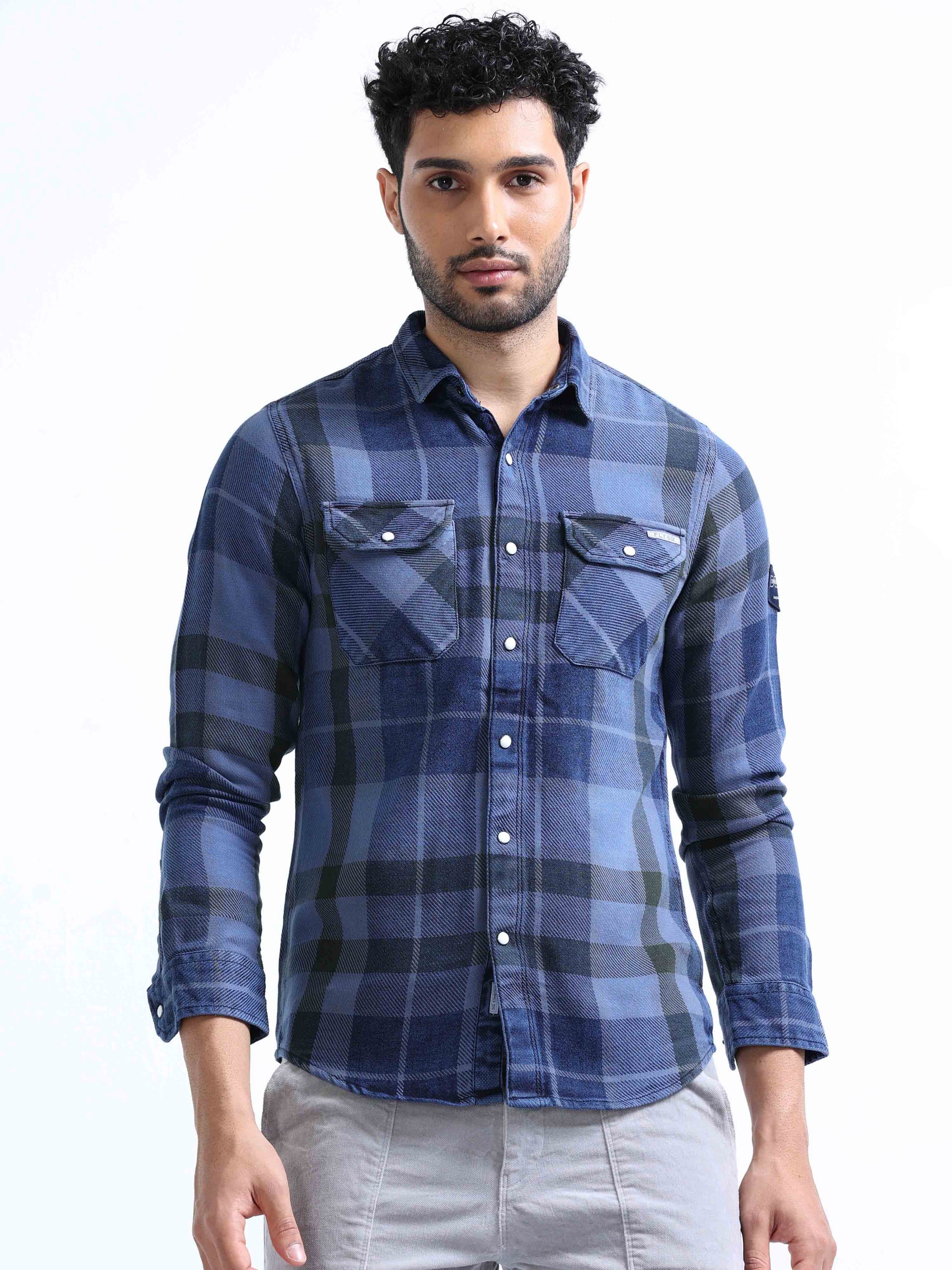 Marine Blue Denim Double Pocket Shirt For Men 