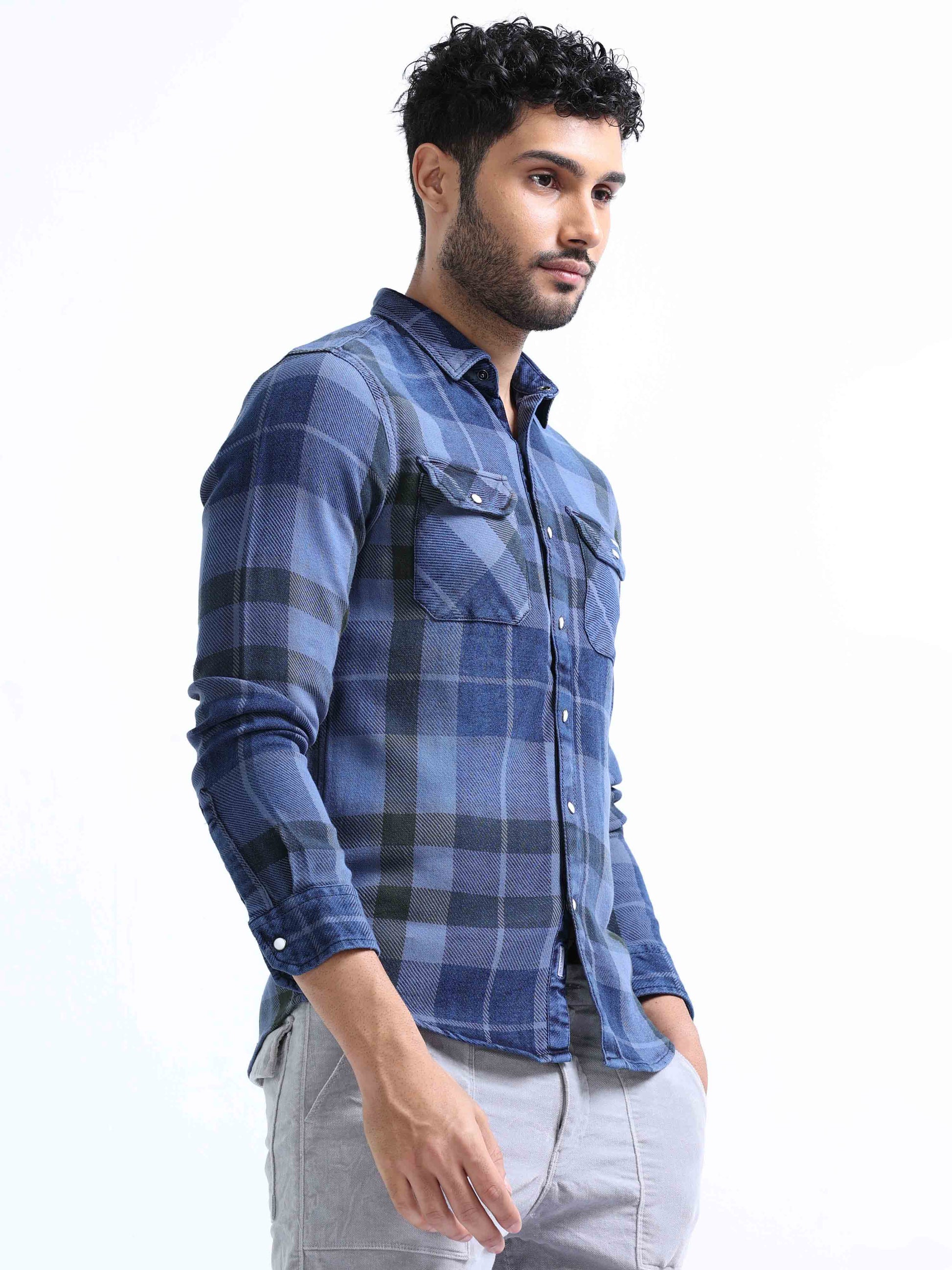 Marine Blue Denim Double Pocket Shirt For Men 