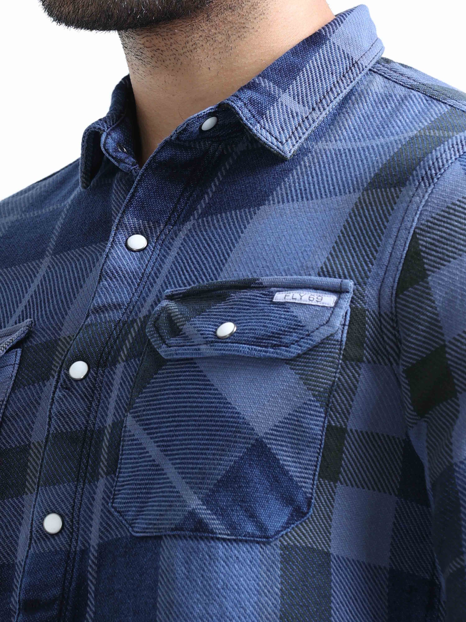 Marine Blue Denim Double Pocket Shirt For Men 