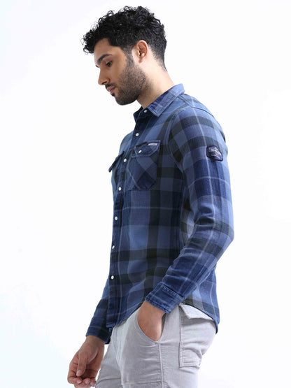 Marine Blue Denim Double Pocket Shirt For Men 