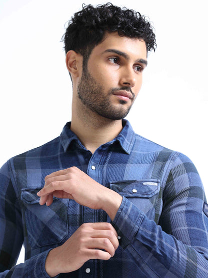 Marine Blue Denim Double Pocket Shirt For Men 