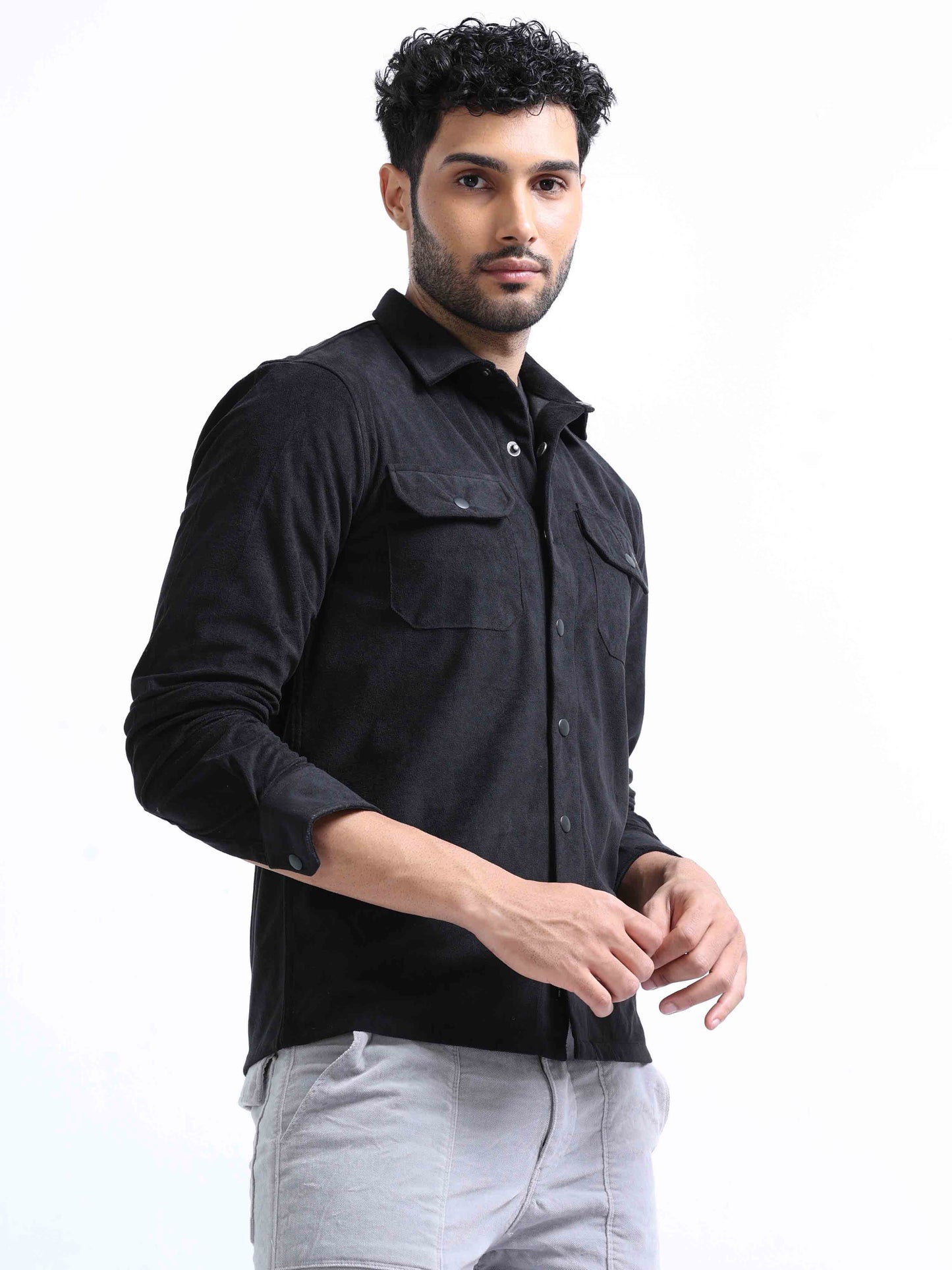 Black Velvet Over Double Pocket Shirt for Men 