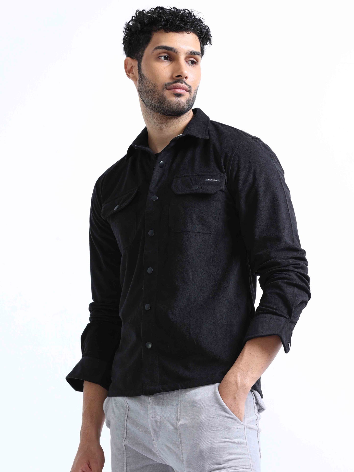 Black Velvet Over Double Pocket Shirt for Men 