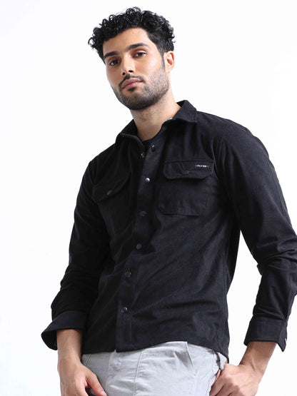 Black Velvet Over Double Pocket Shirt for Men 