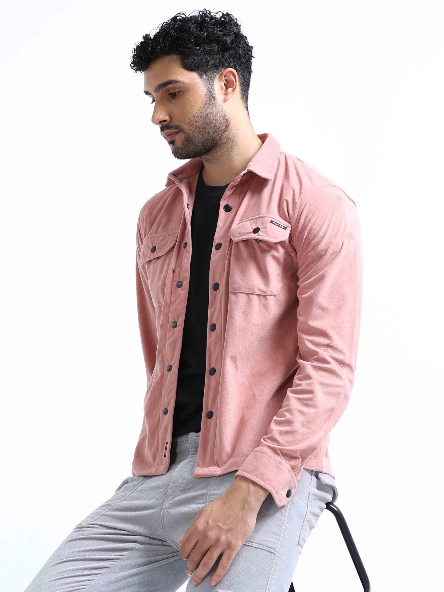 Pink Velvet Over Full Sleeves Shirt For Men 