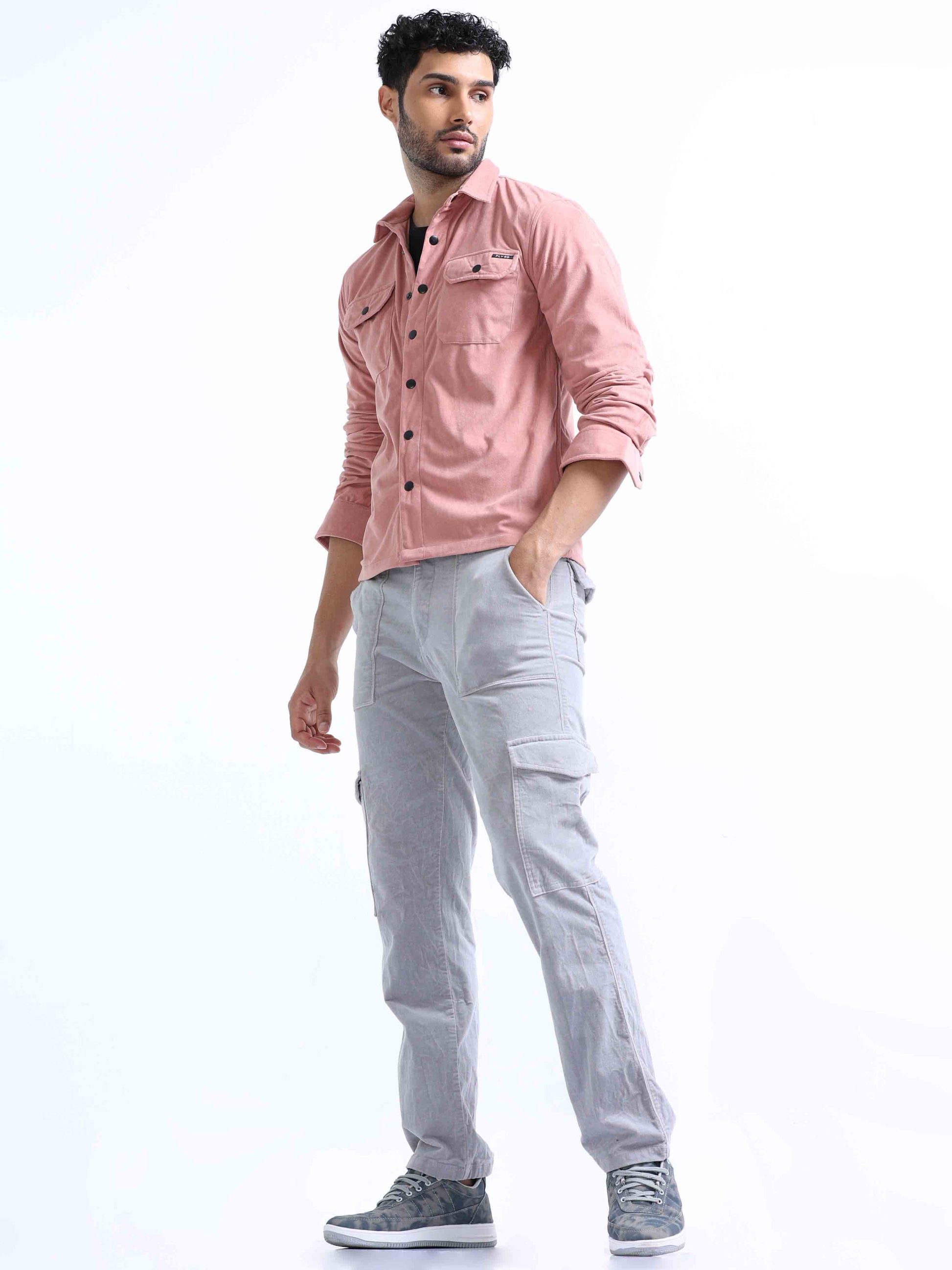 Pink Velvet Over Full Sleeves Shirt For Men 