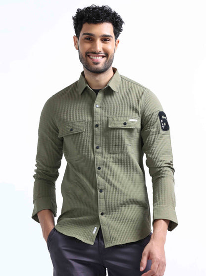 Olive Green Blend Double Pocket Shirt For Men 