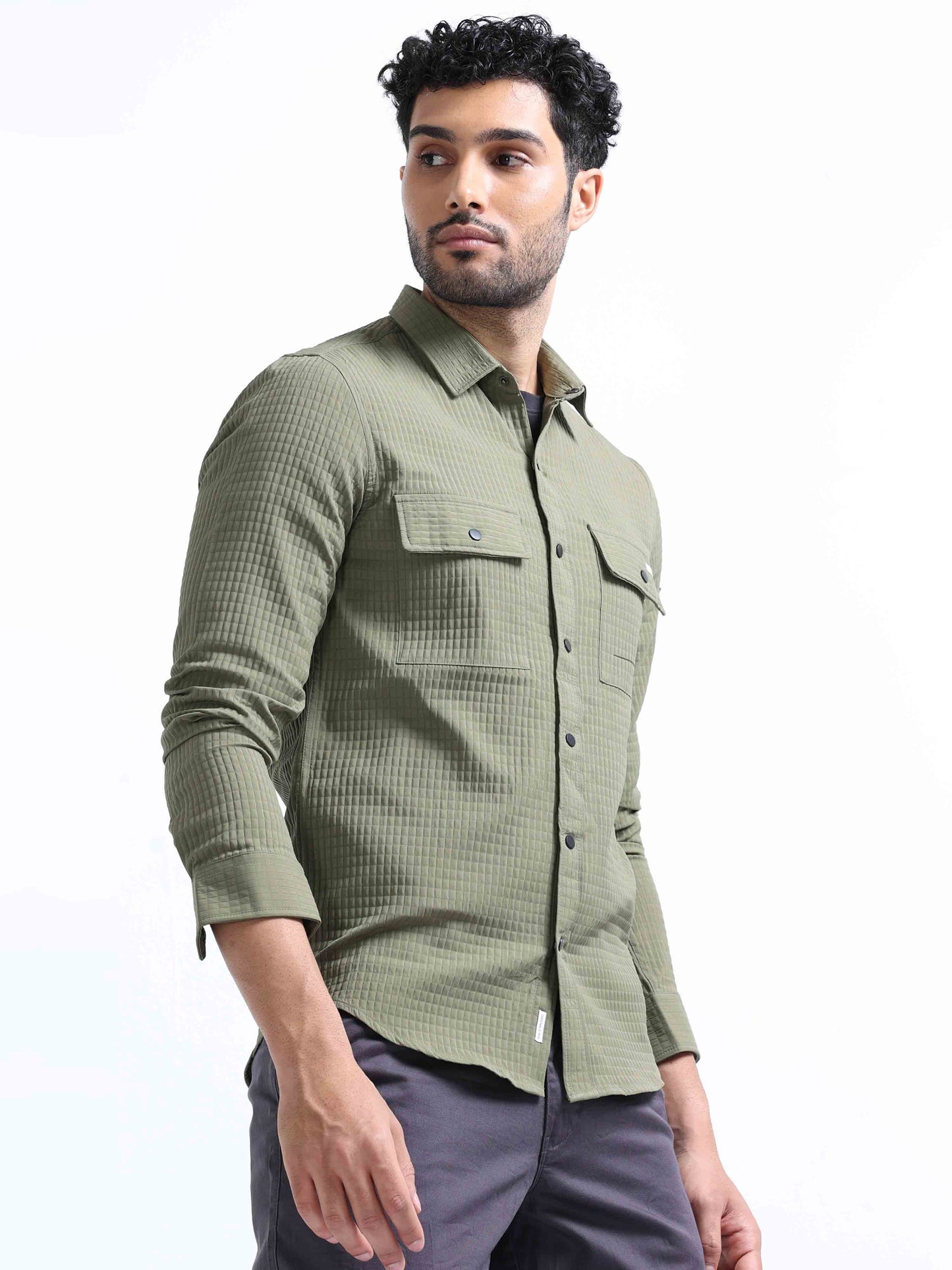 Olive Green Blend Double Pocket Shirt For Men