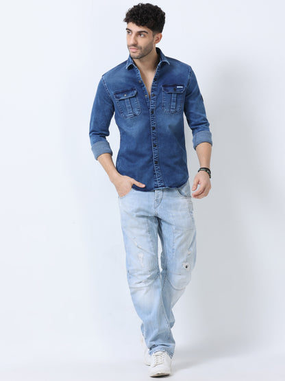 Metallic Blue Denim Shirt