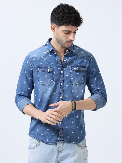 Marble Blue Polka Dot Denim Shirt