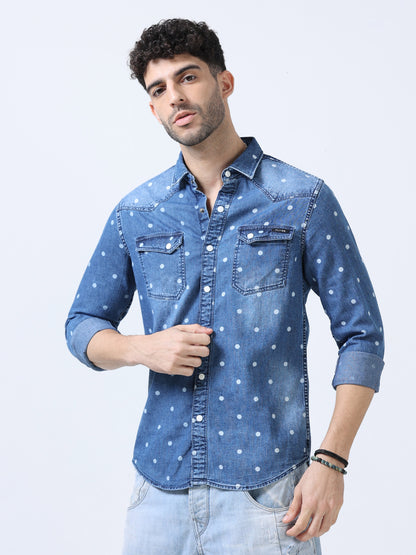 Marble Blue Polka Dot Denim Shirt