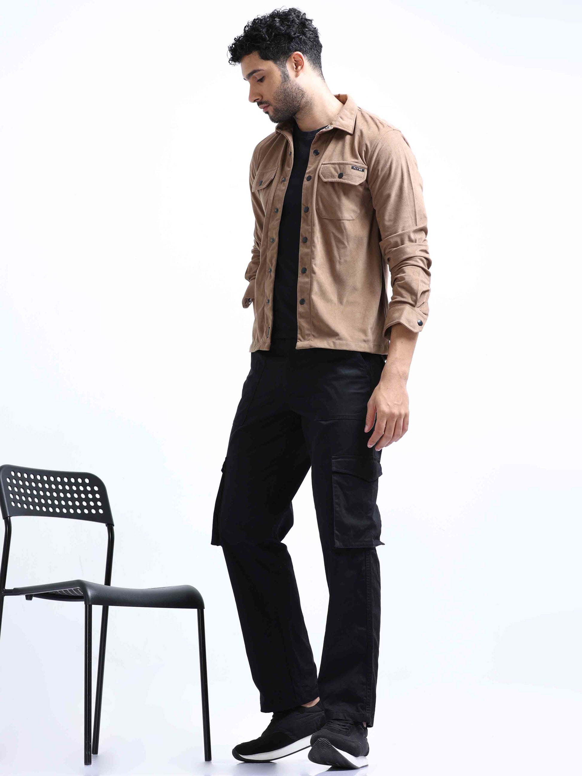 Pale Brown Velvet Over Double Shirt For Men 