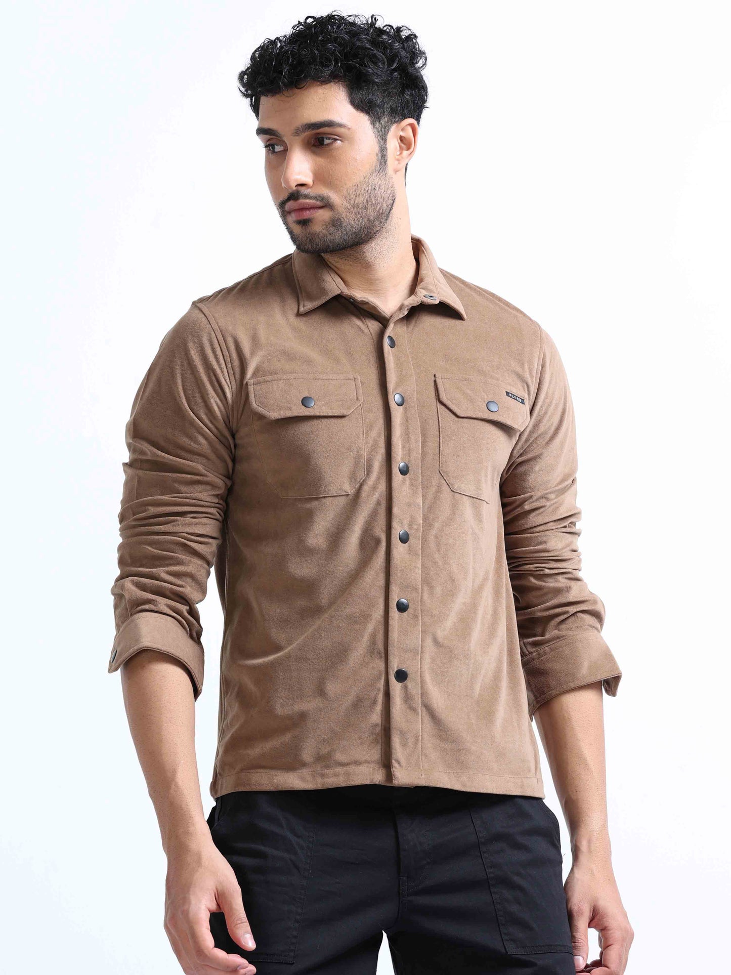 Pale Brown Velvet Over Double Shirt For Men 