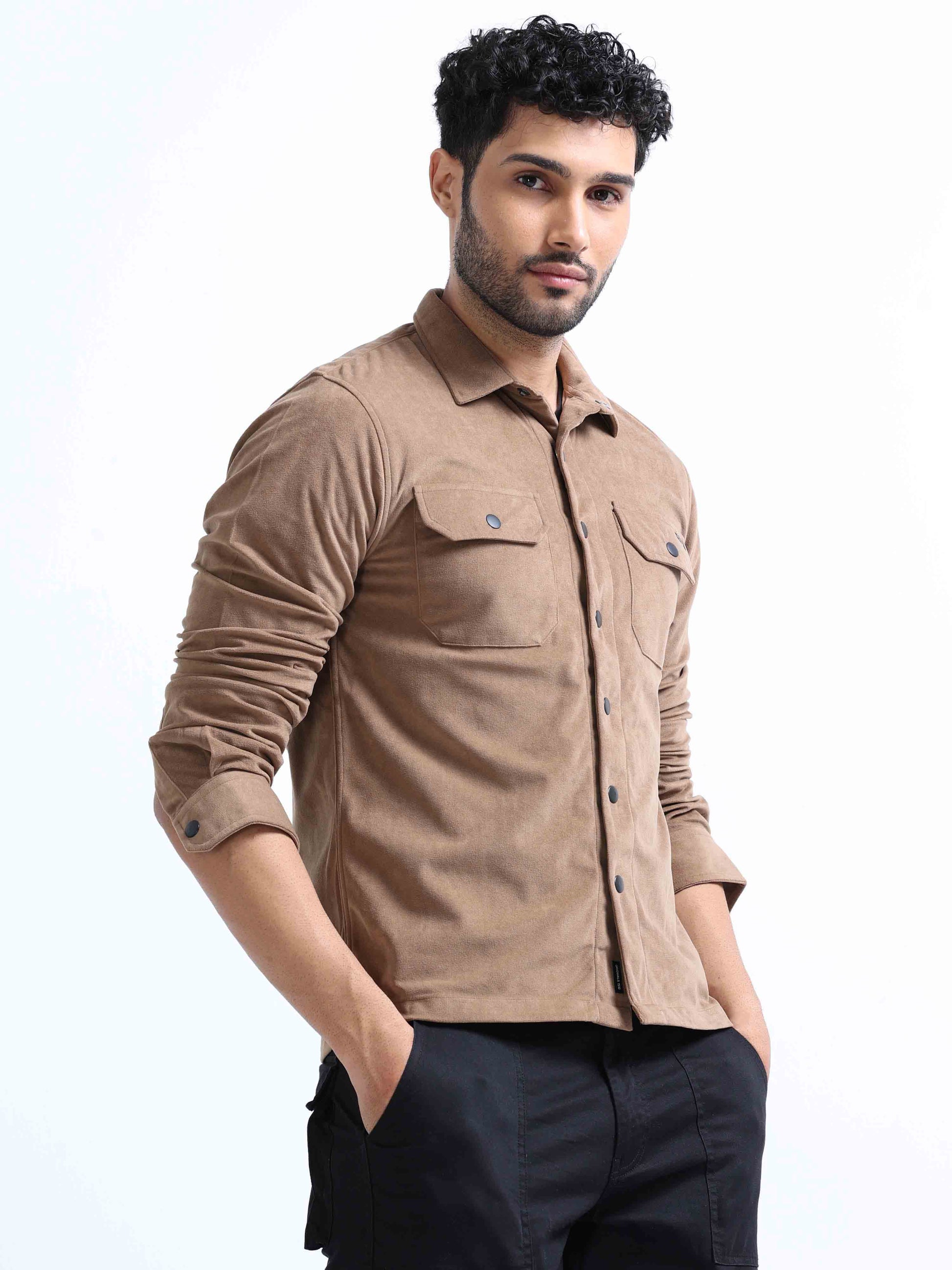 Pale Brown Velvet Over Double Shirt For Men 