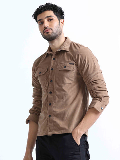 Pale Brown Velvet Over Double Shirt For Men 