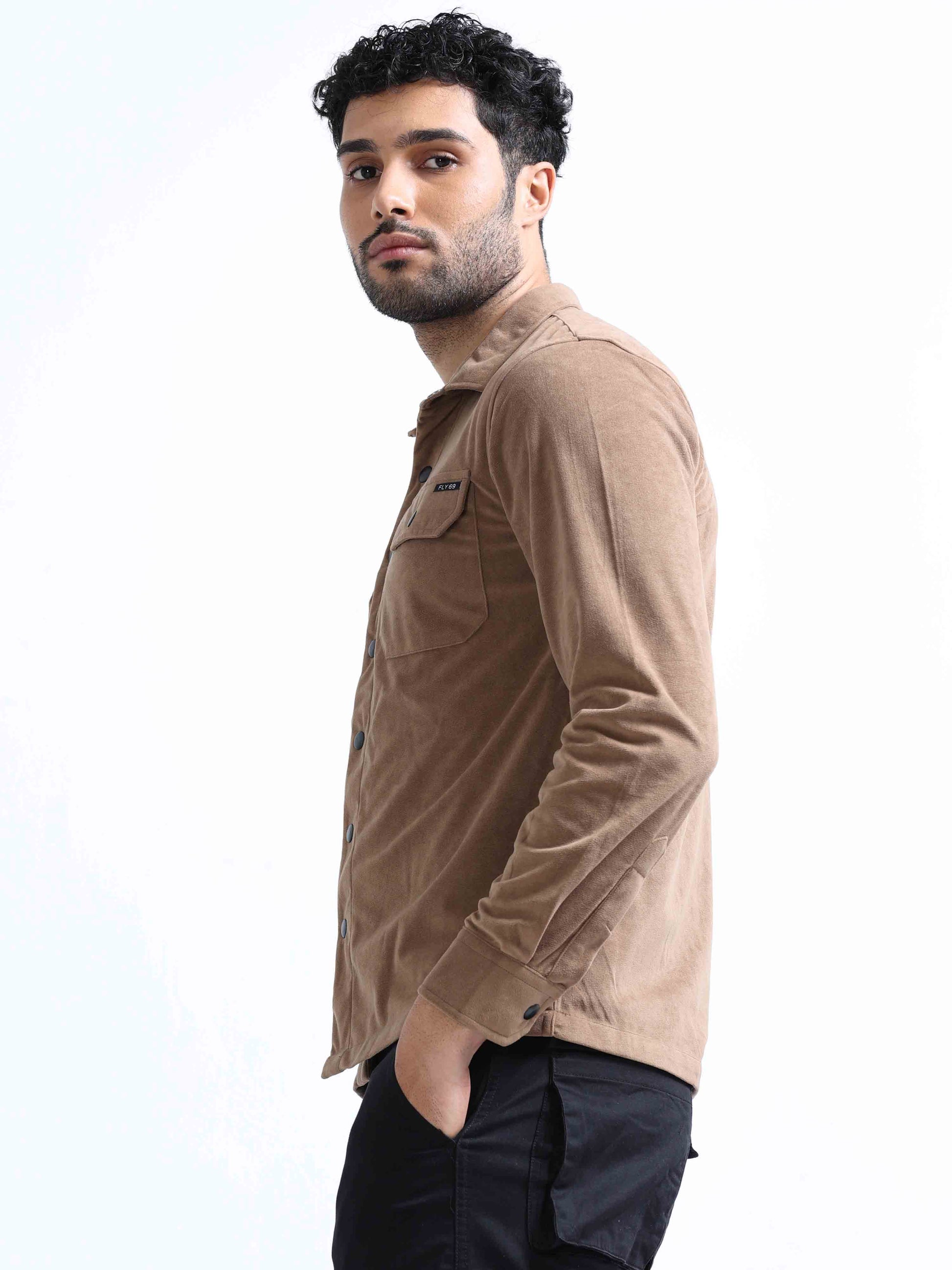 Pale Brown Velvet Over Double Shirt For Men 