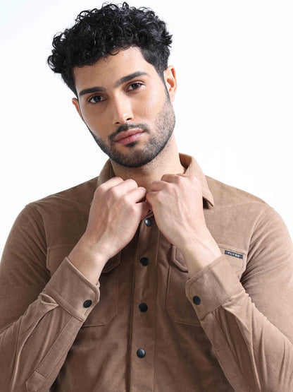 Pale Brown Velvet Over Double Shirt For Men 