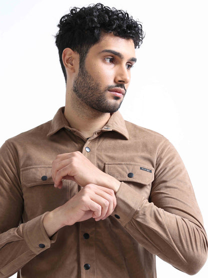 Pale Brown Velvet Over Double Shirt For Men 